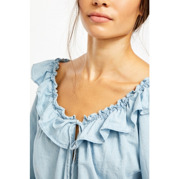 Free People Lily Of The Valley Chambray Blouse in Blue Size Small - Picture 13 of 15